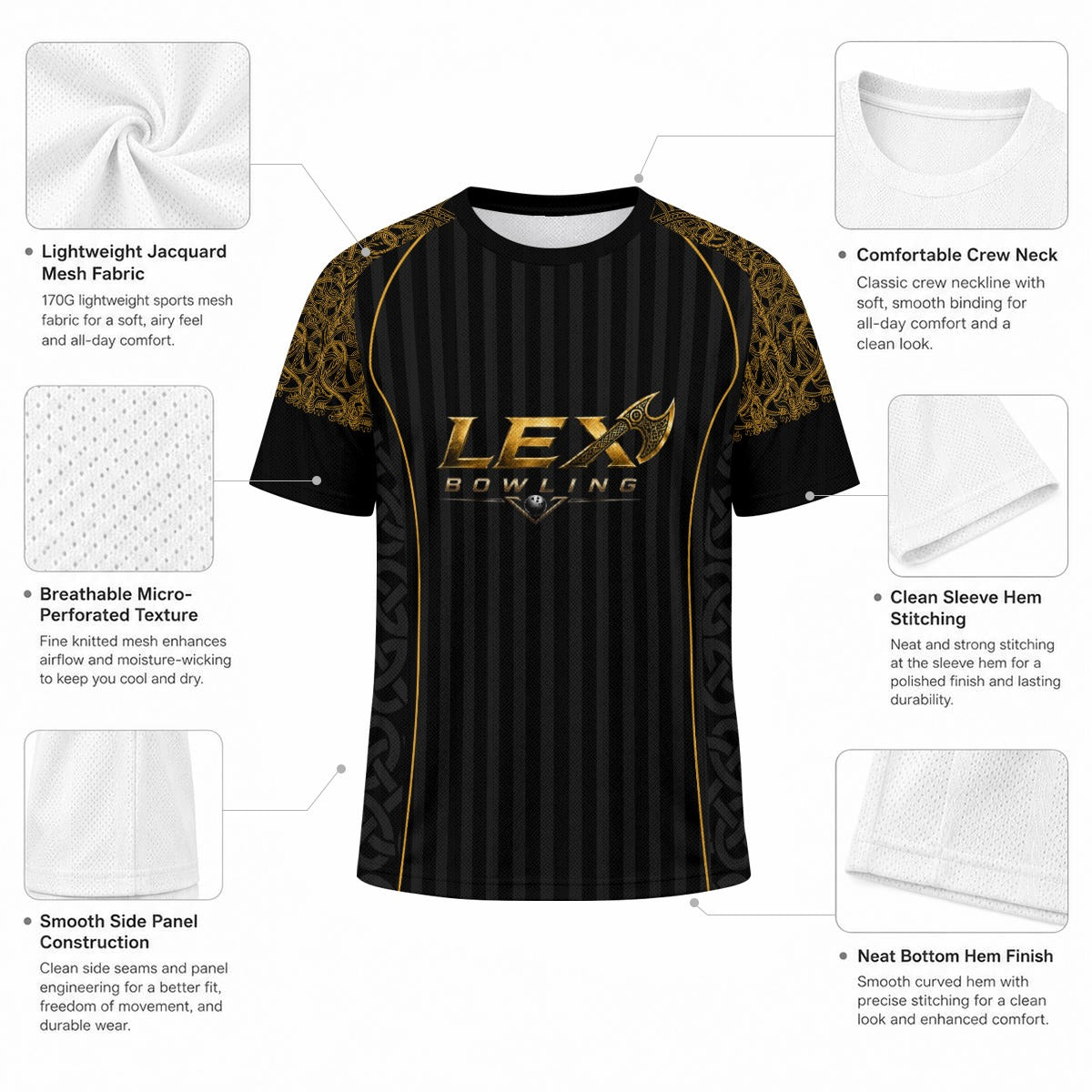 LEX Bowling Performance Sports Jersey for Men & Women Lightweight Jacquard Mesh Athletic Tee