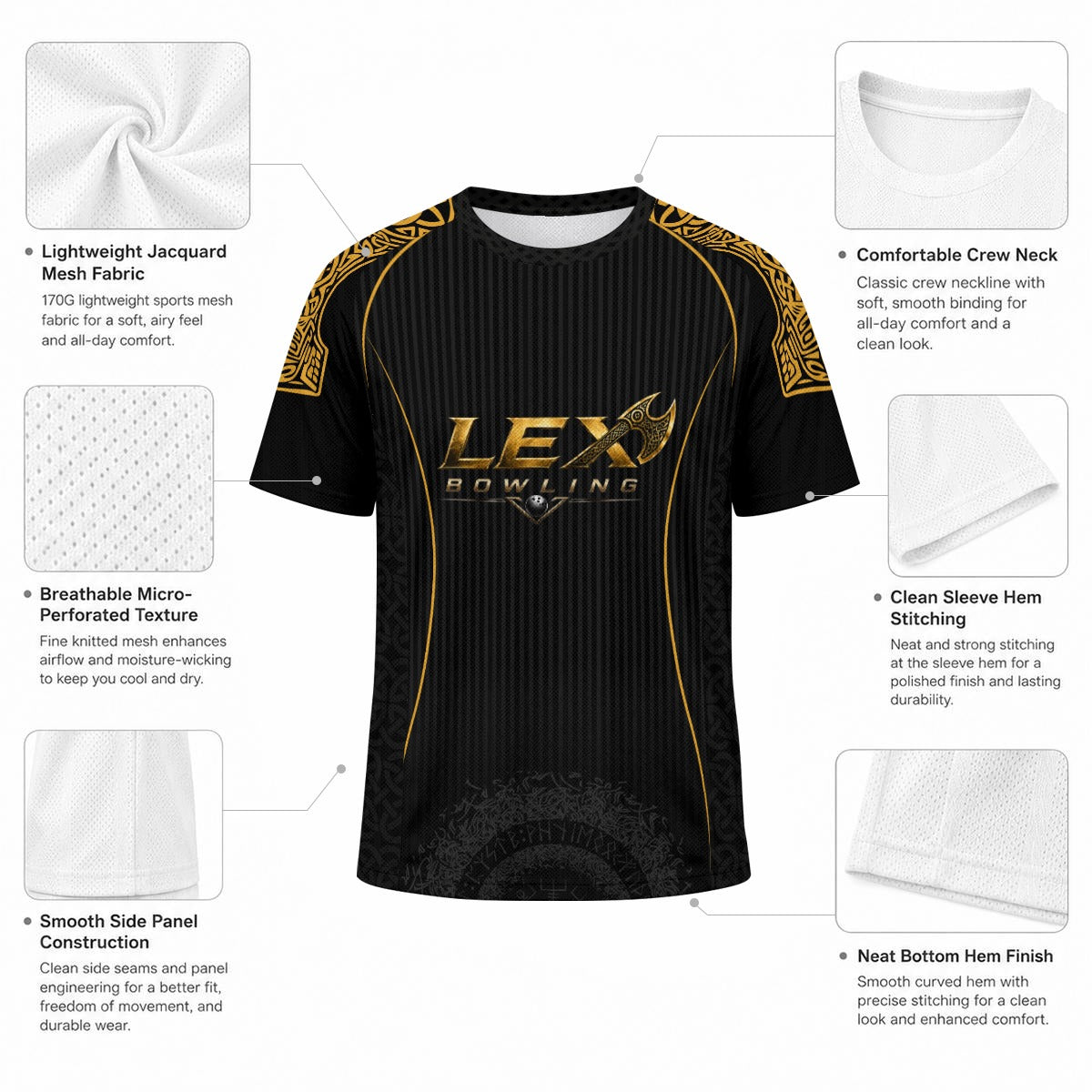 LEX Bowling Performance Sports Jersey for Men & Women Breathable Jacquard Mesh Athletic Shirt