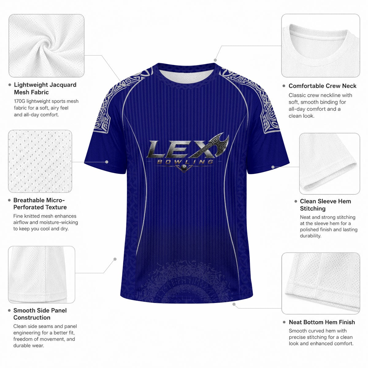 LEX Bowling Performance Sports Jersey for Men & Women Lightweight Jacquard Mesh Athletic Tee